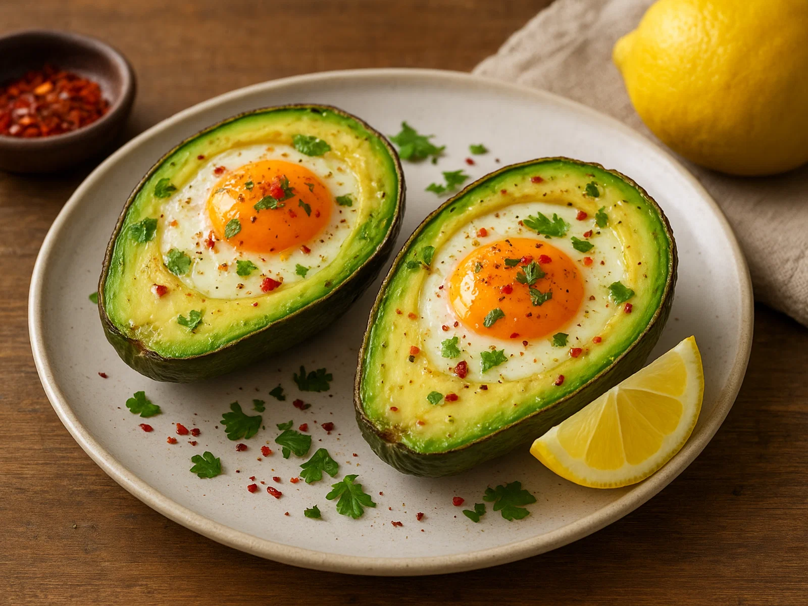 Gebackene Eier in Avocado mit Zitrone und Chili