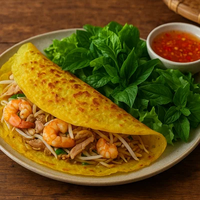 Bánh Xèo – Vietnamesische knusprige Pfannkuchen mit Schwein, Garnelen und Kräutern