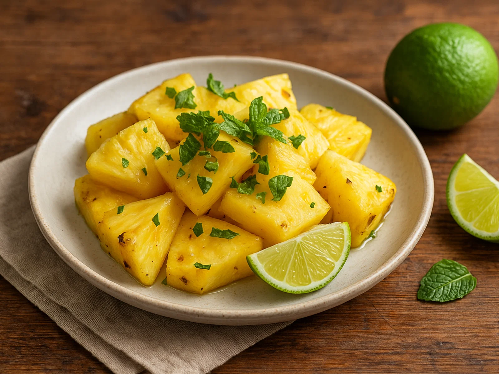 Frischer Antiguan Black Pineapple Snack mit Limette und Minze