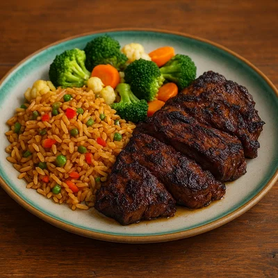 Cayman Style Beef vom Grill mit gebratenem Reis und Gemüse