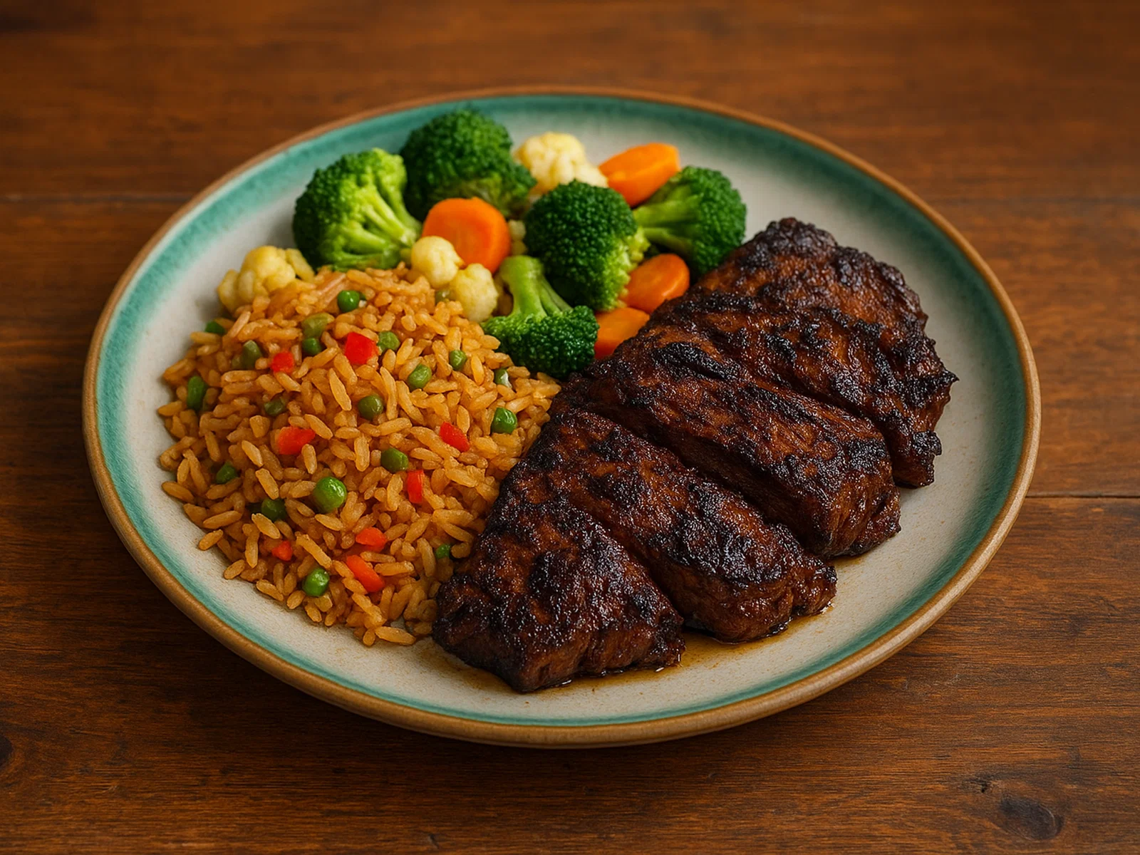 Cayman Style Beef vom Grill mit gebratenem Reis und Gemüse