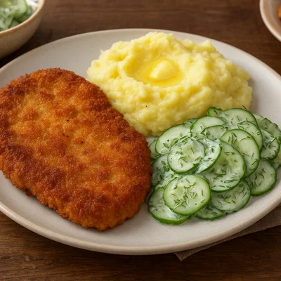 Kotlet schabowy mit Kartoffelpüree und Gurkensalat