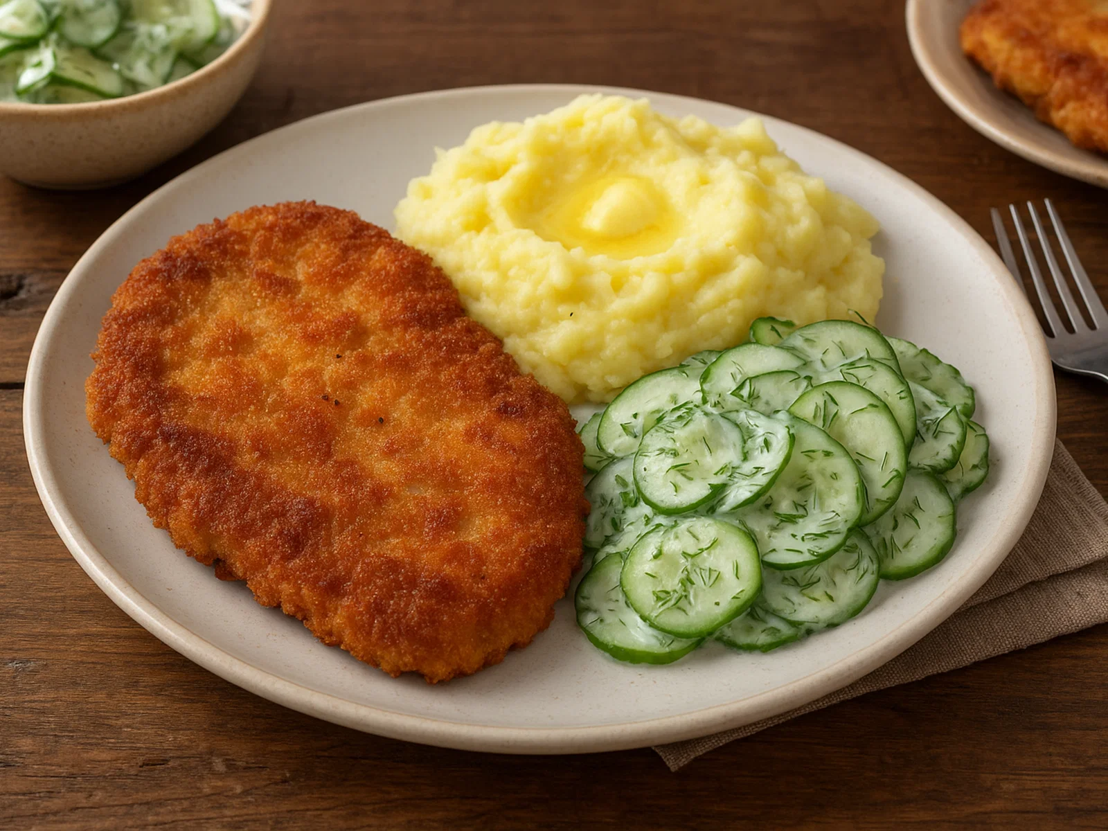 Kotlet schabowy mit Kartoffelpüree und Gurkensalat
