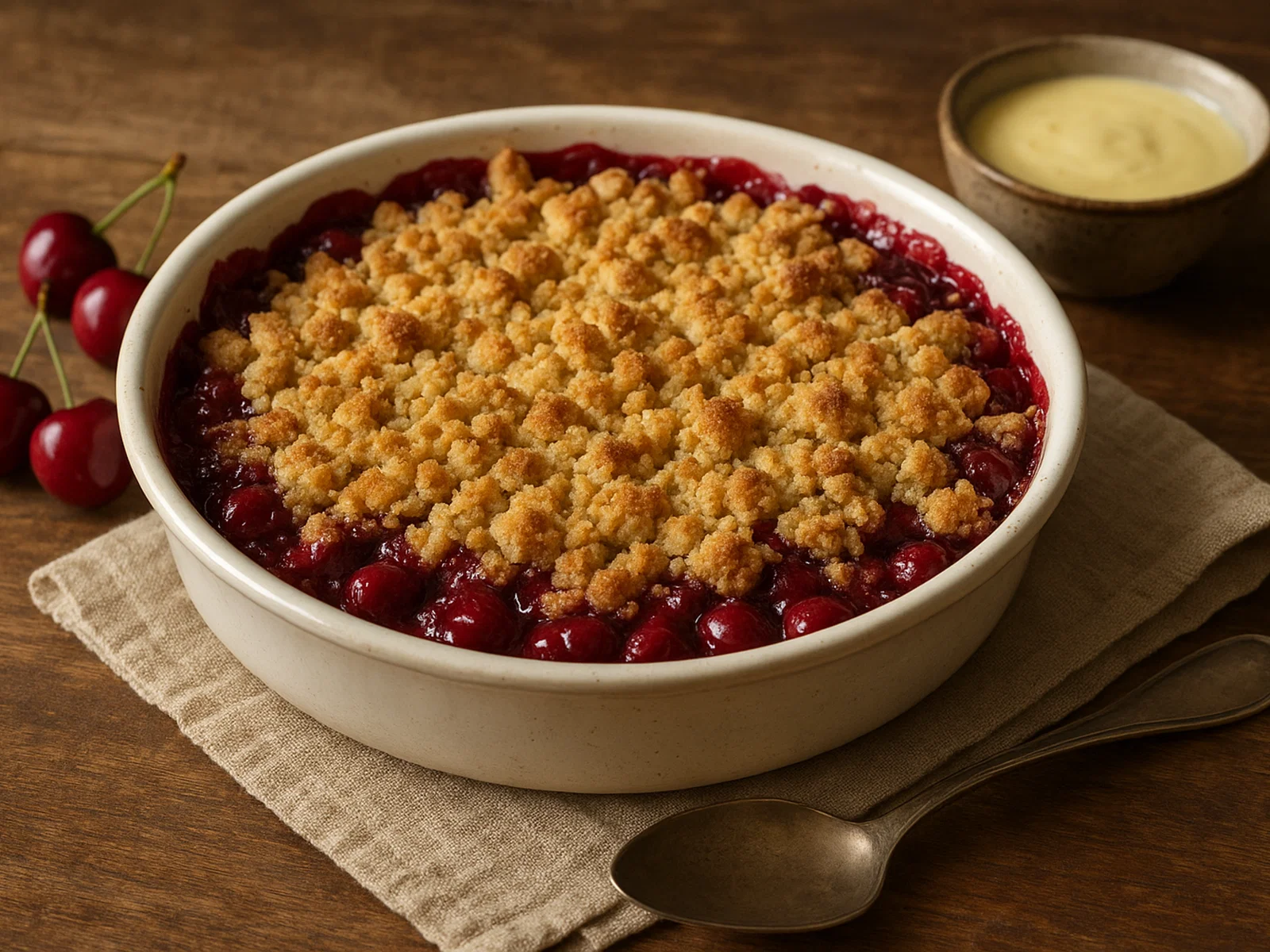 Warmer Kirsch-Crumble mit Zimt und Vanille