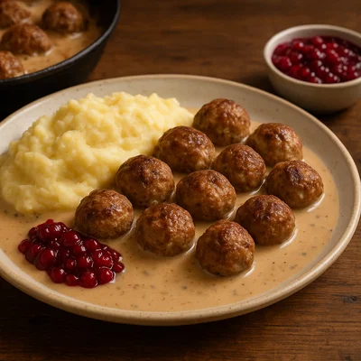 Schwedische Köttbullar mit Rahmsauce, Kartoffelpüree und Preiselbeeren