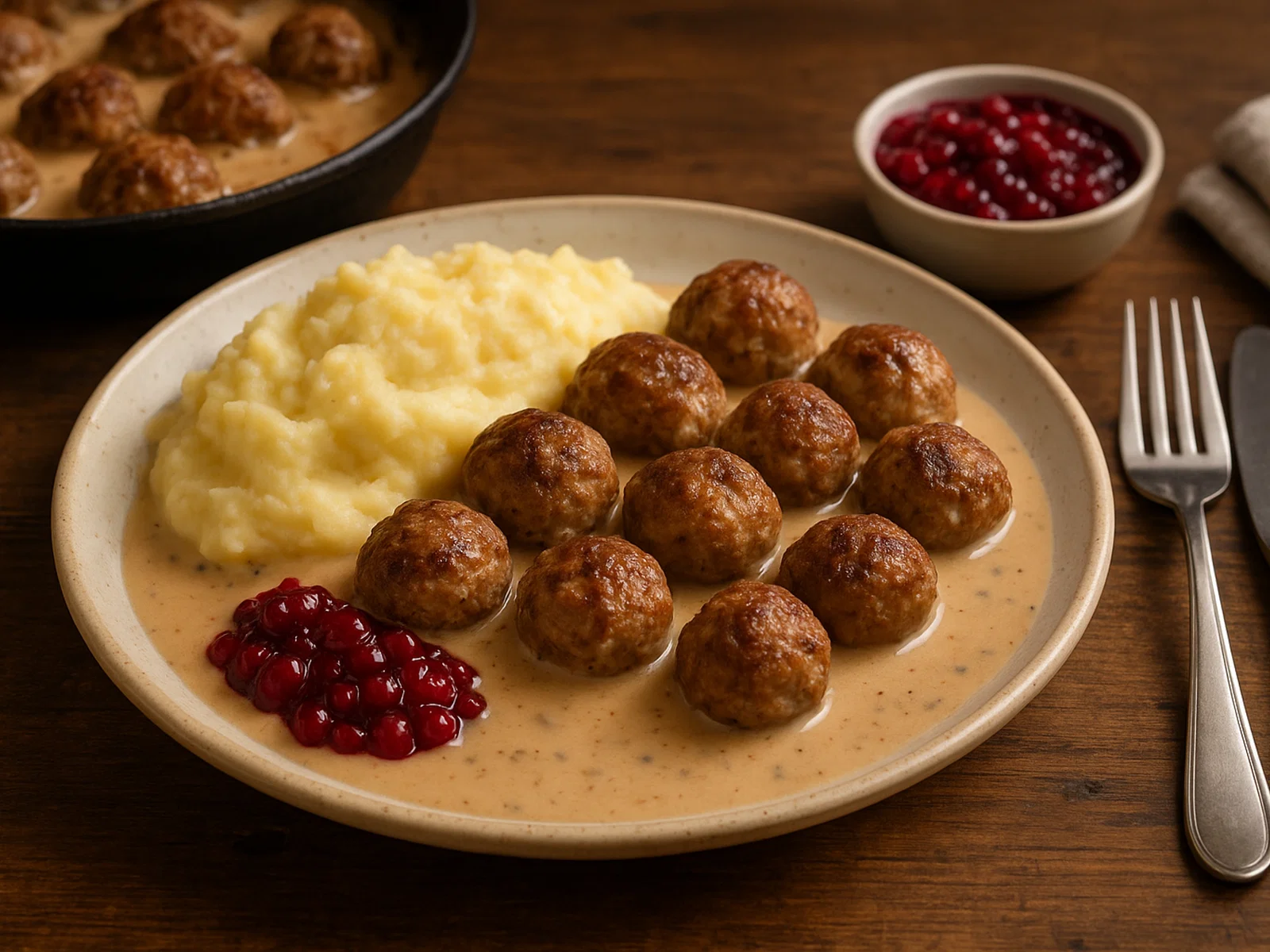 Schwedische Köttbullar mit Rahmsauce, Kartoffelpüree und Preiselbeeren