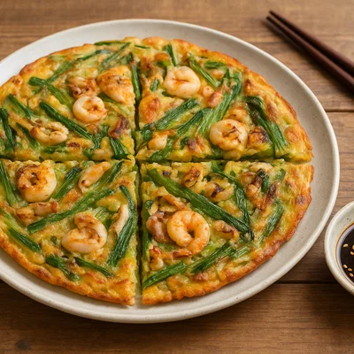 Koreanischer Pajeon mit Frühlingszwiebeln und Meeresfrüchten