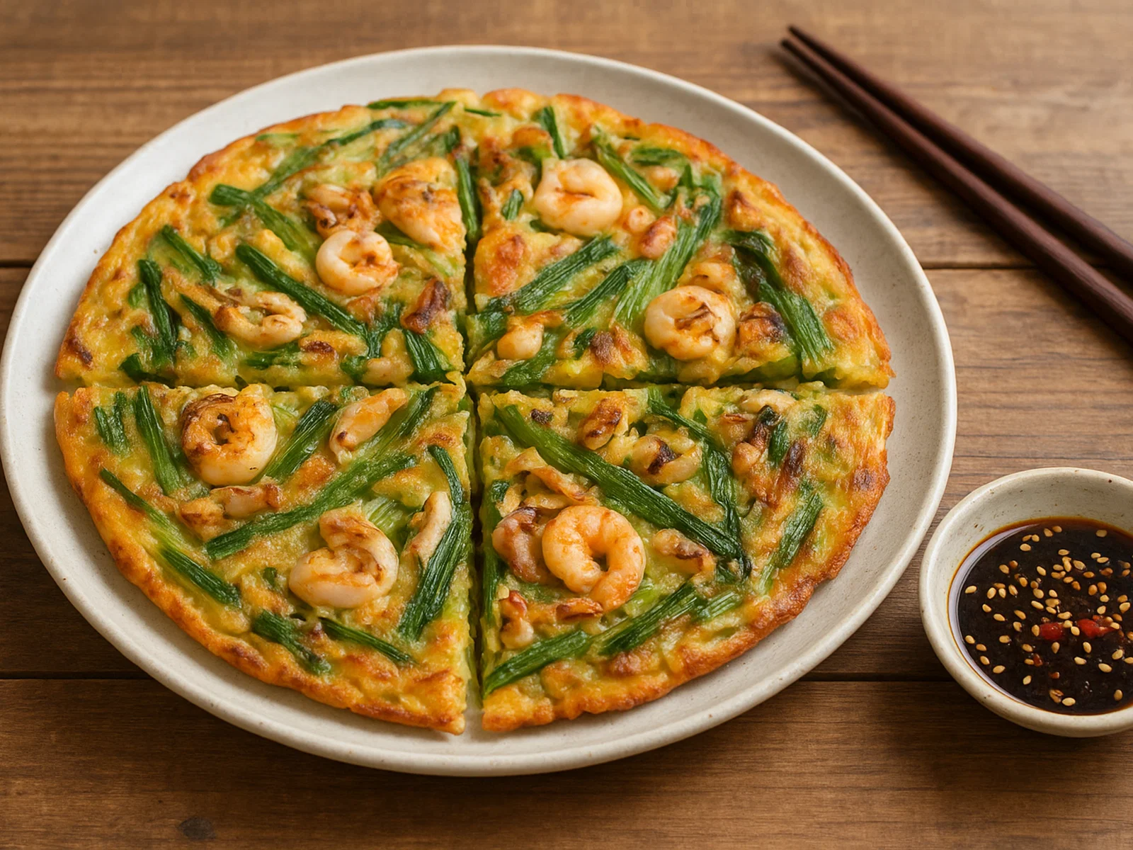 Koreanischer Pajeon mit Frühlingszwiebeln und Meeresfrüchten