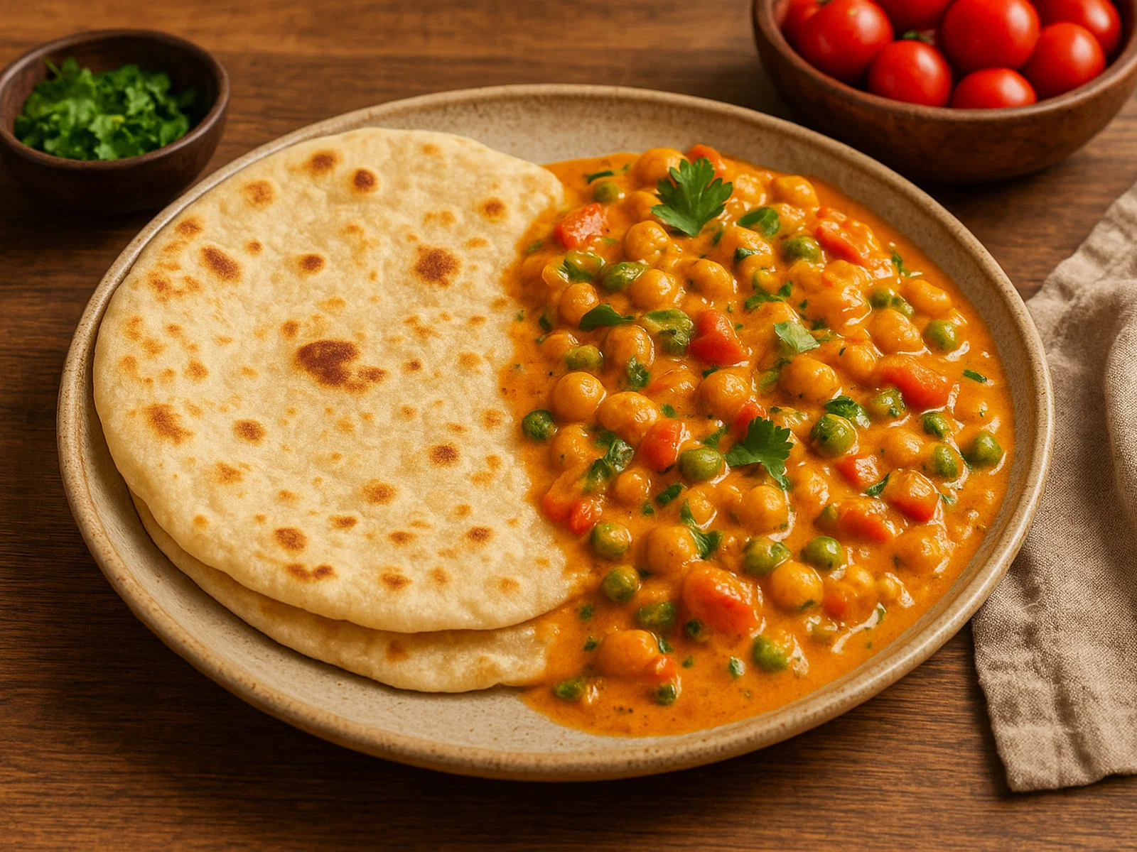 Weicher Roti mit cremigem Gemüse-Kichererbsen-Curry