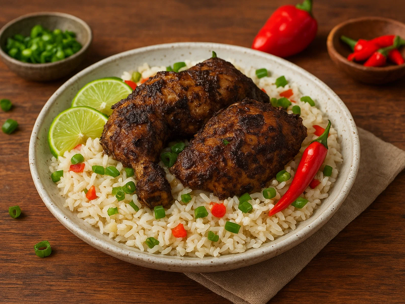Rake n' Scrape – Karibisches Jerk-Hähnchen mit Kokosreis