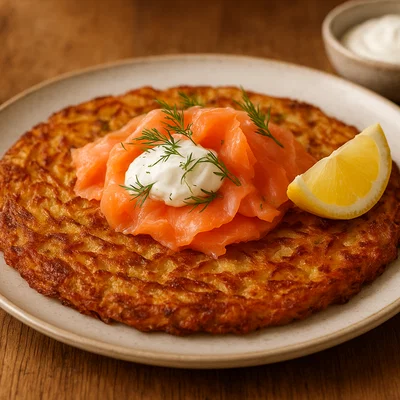 Kartoffel-Rösti mit Räucherlachs und Sauerrahm