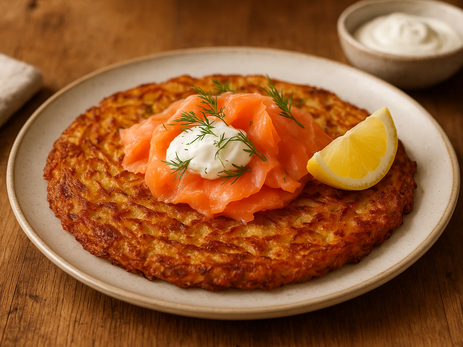 Kartoffel-Rösti mit Räucherlachs und Sauerrahm