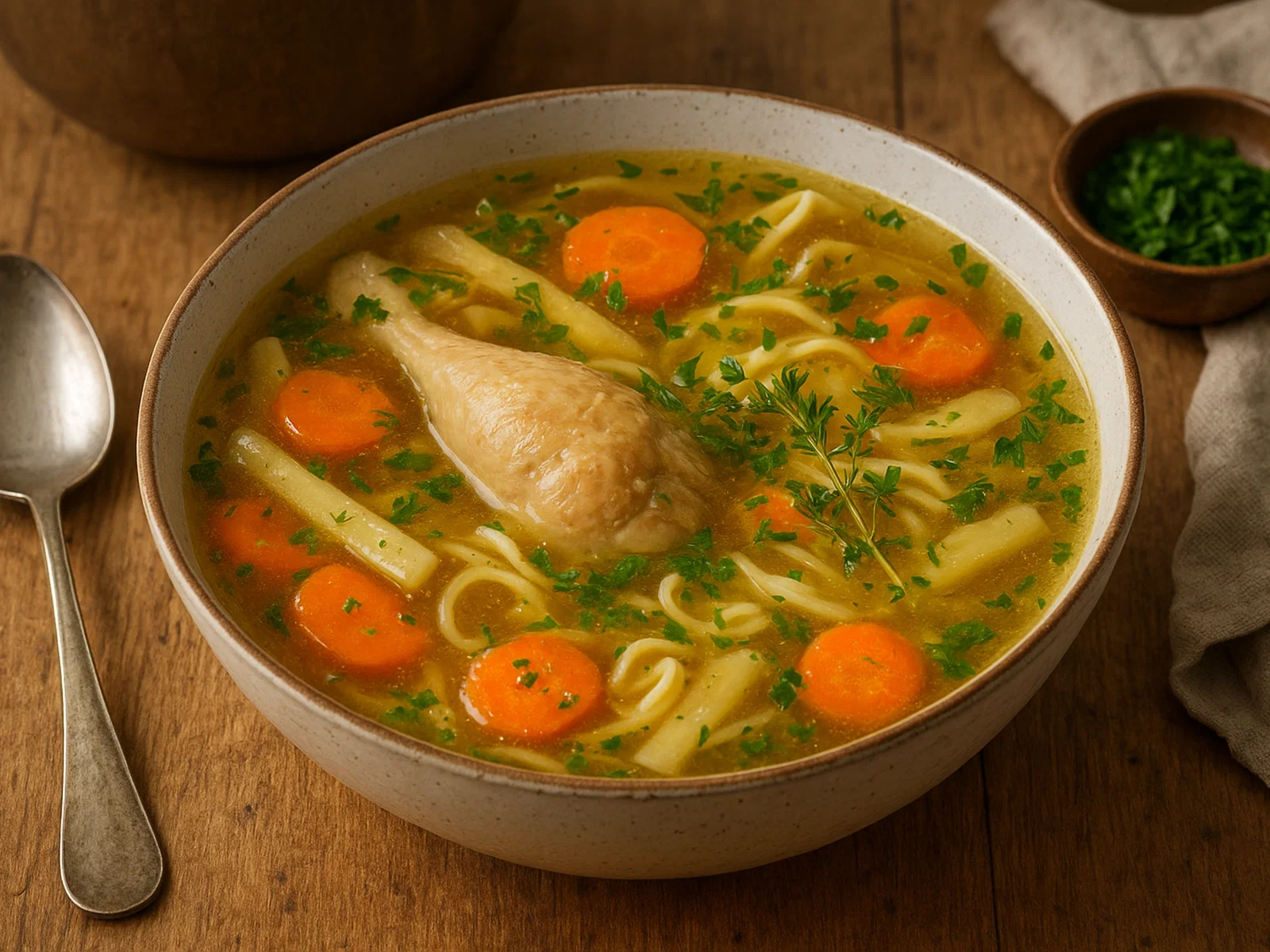 Klassische Hühnersuppe mit Gemüse und Kräutern