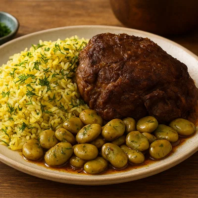 Persisches Lamm-Baghali Polo (Lamm mit Dillreis und Bohnen)