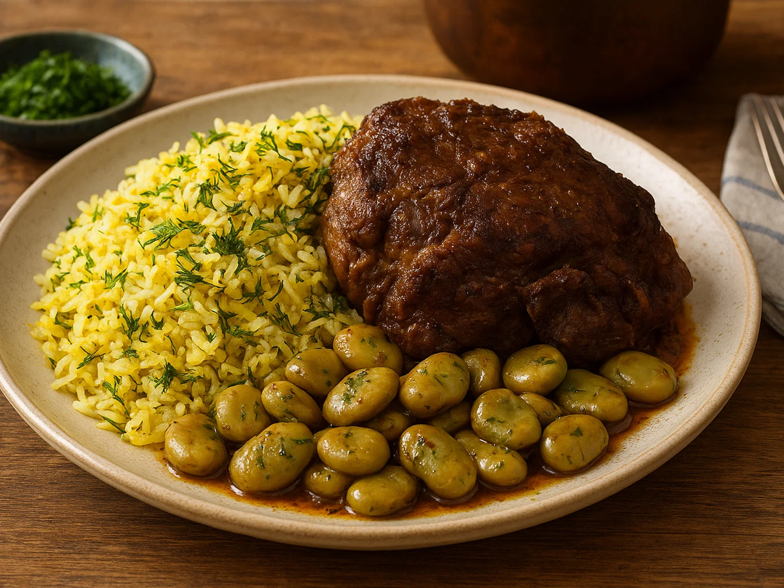 Persisches Lamm-Baghali Polo (Lamm mit Dillreis und Bohnen)