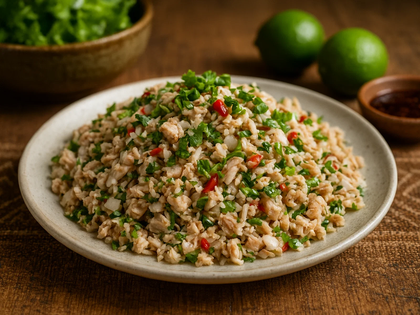 Kelaguen Mannok (Guamesischer Zitronen-Kokos-Hähnchensalat)
