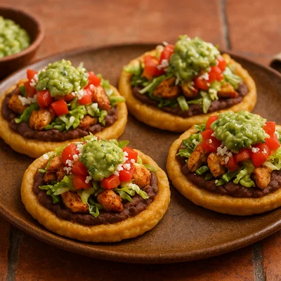 Mexikanische Sopes mit Bohnen, Hähnchen und frischen Toppings