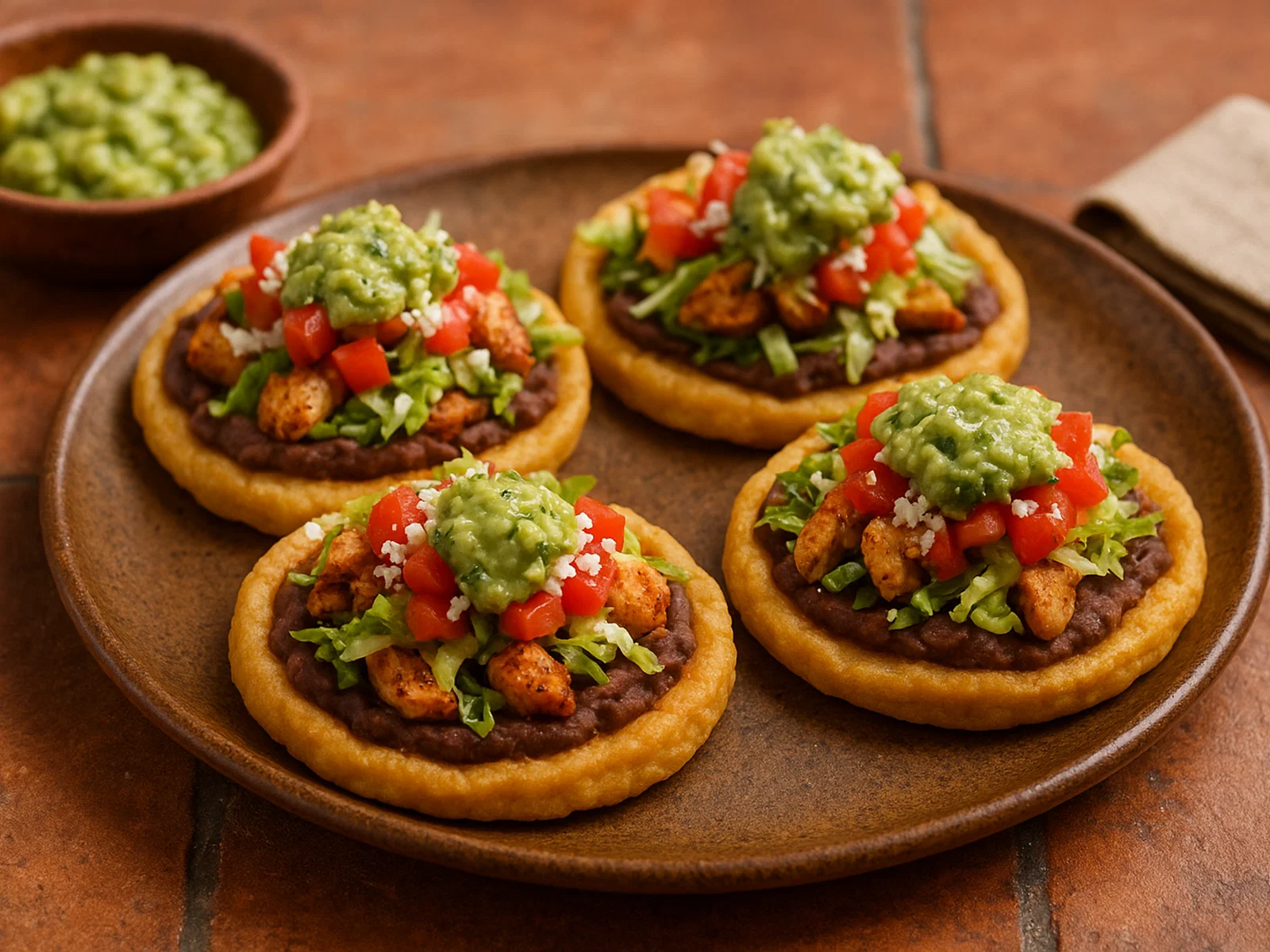 Mexikanische Sopes mit Bohnen, Hähnchen und frischen Toppings