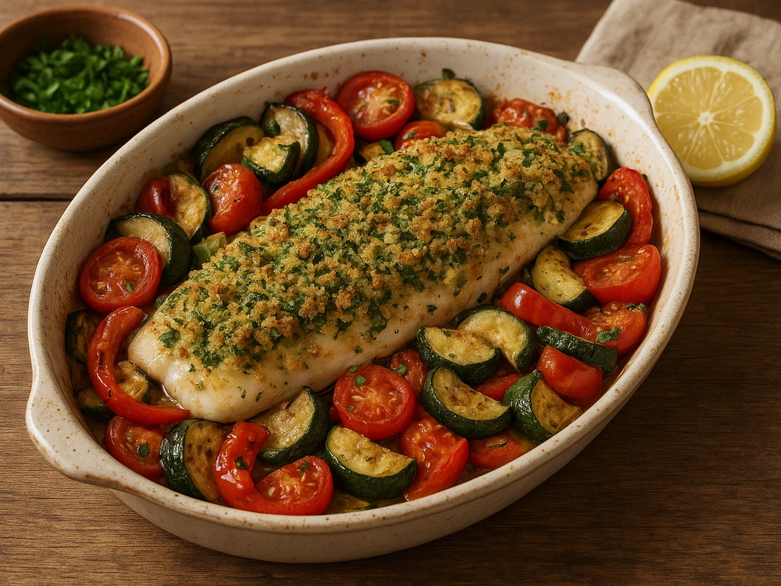 Bakes und Fisches – Ofenfisch mit Gemüse und Kräuterkruste