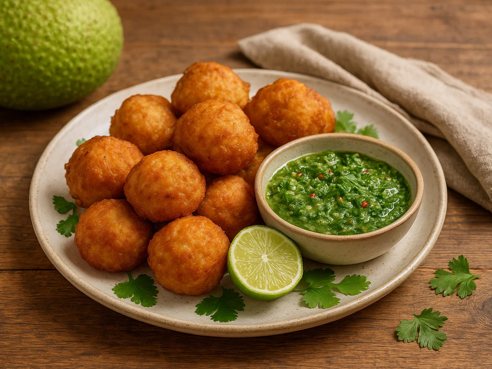 Knusprige Ulu Fritters mit würziger Kräutersauce