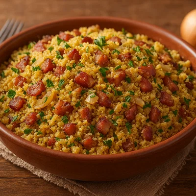 Brasilianische Farofa mit Speck, Zwiebeln und Petersilie
