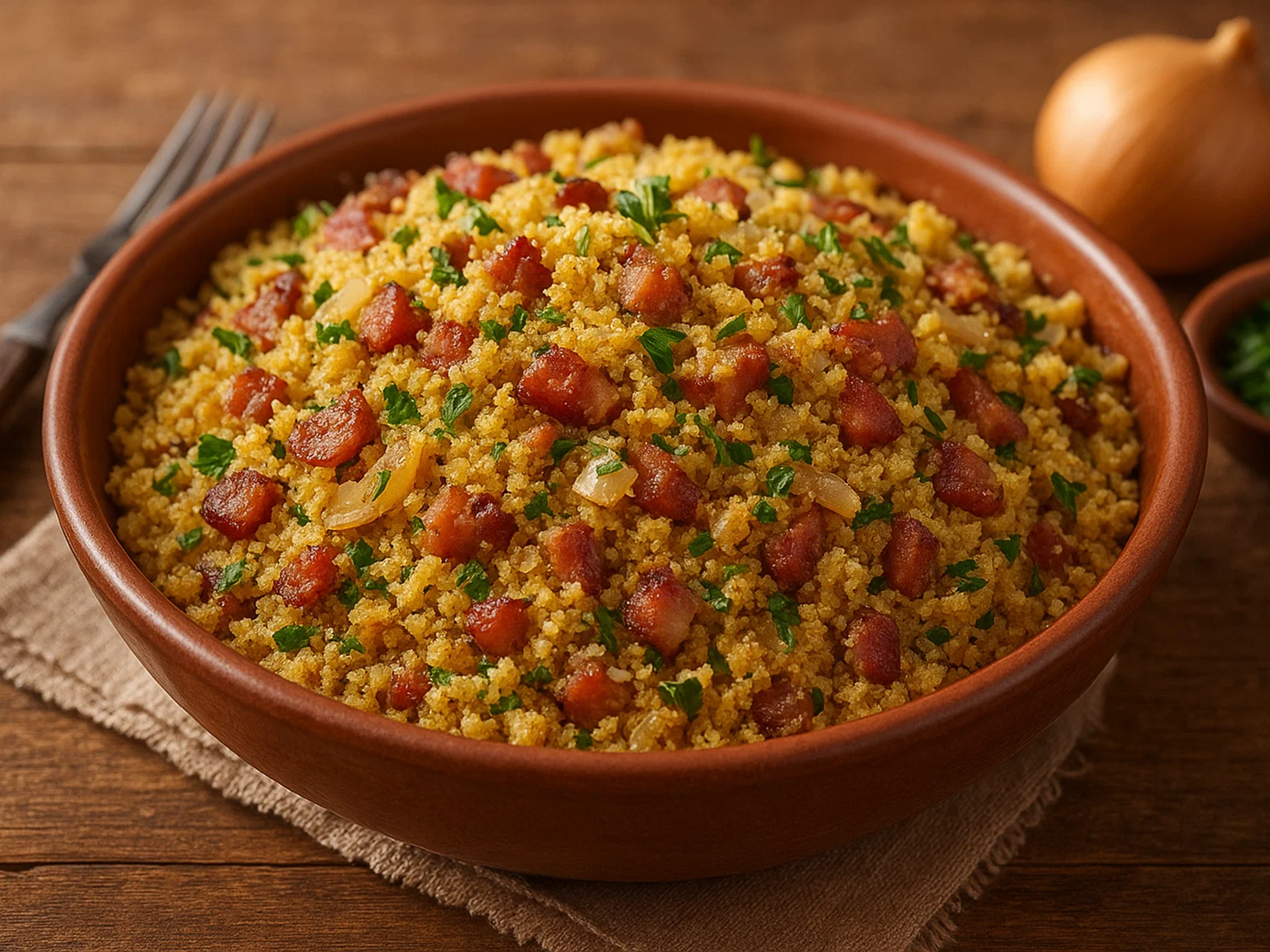 Brasilianische Farofa mit Speck, Zwiebeln und Petersilie