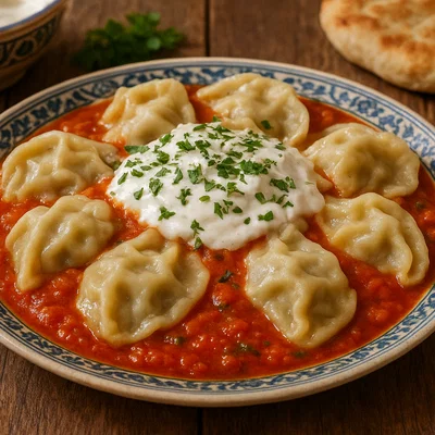 Afghanische Ashak mit Lauchfüllung, Tomatensauce und Knoblauchjoghurt