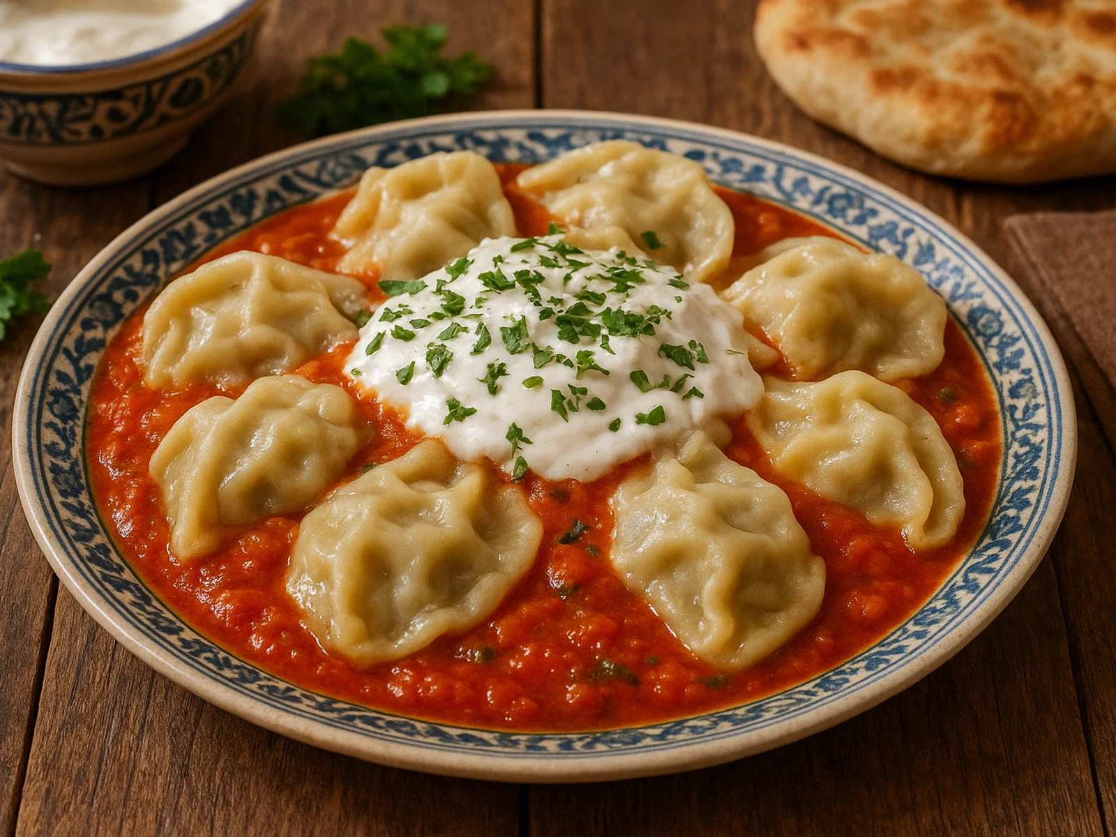 Afghanische Ashak mit Lauchfüllung, Tomatensauce und Knoblauchjoghurt