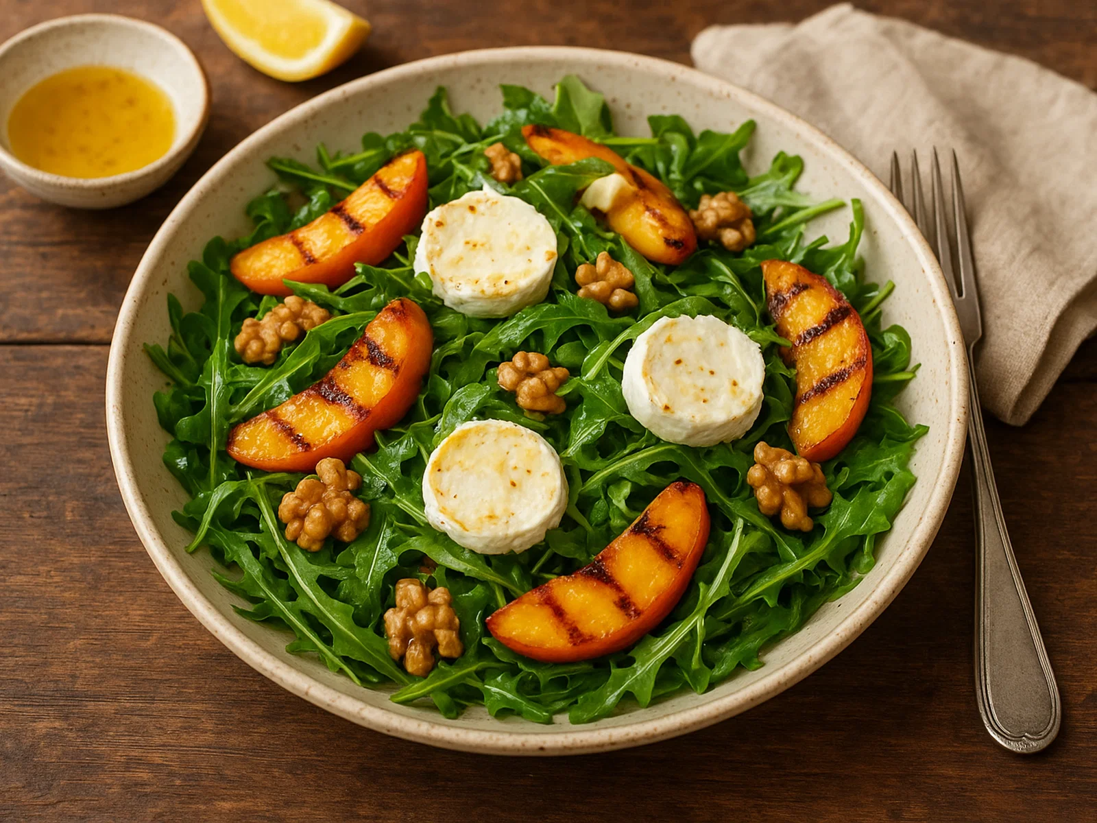 Rucola-Salat mit gegrillten Pfirsichen und Ziegenkäse