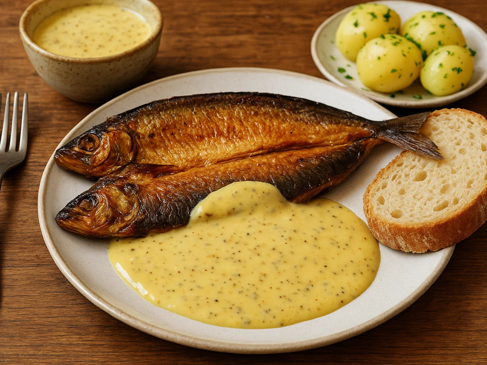 Manx Kippers mit würziger Senfsoße