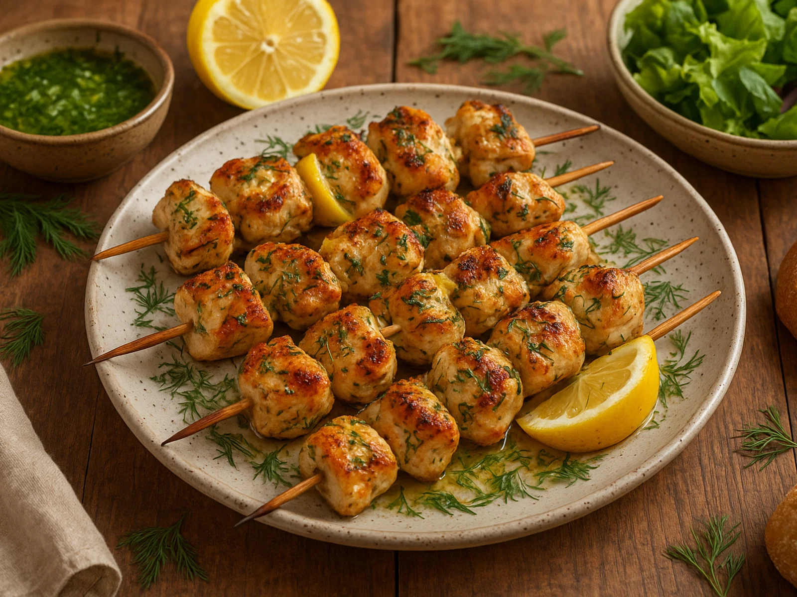 Gegrillte Zitronen-Dill-Hähnchenspieße