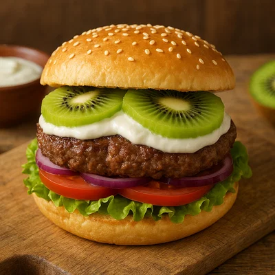 Kiwi-Burger mit saftigem Rindfleisch und frischem Gemüse