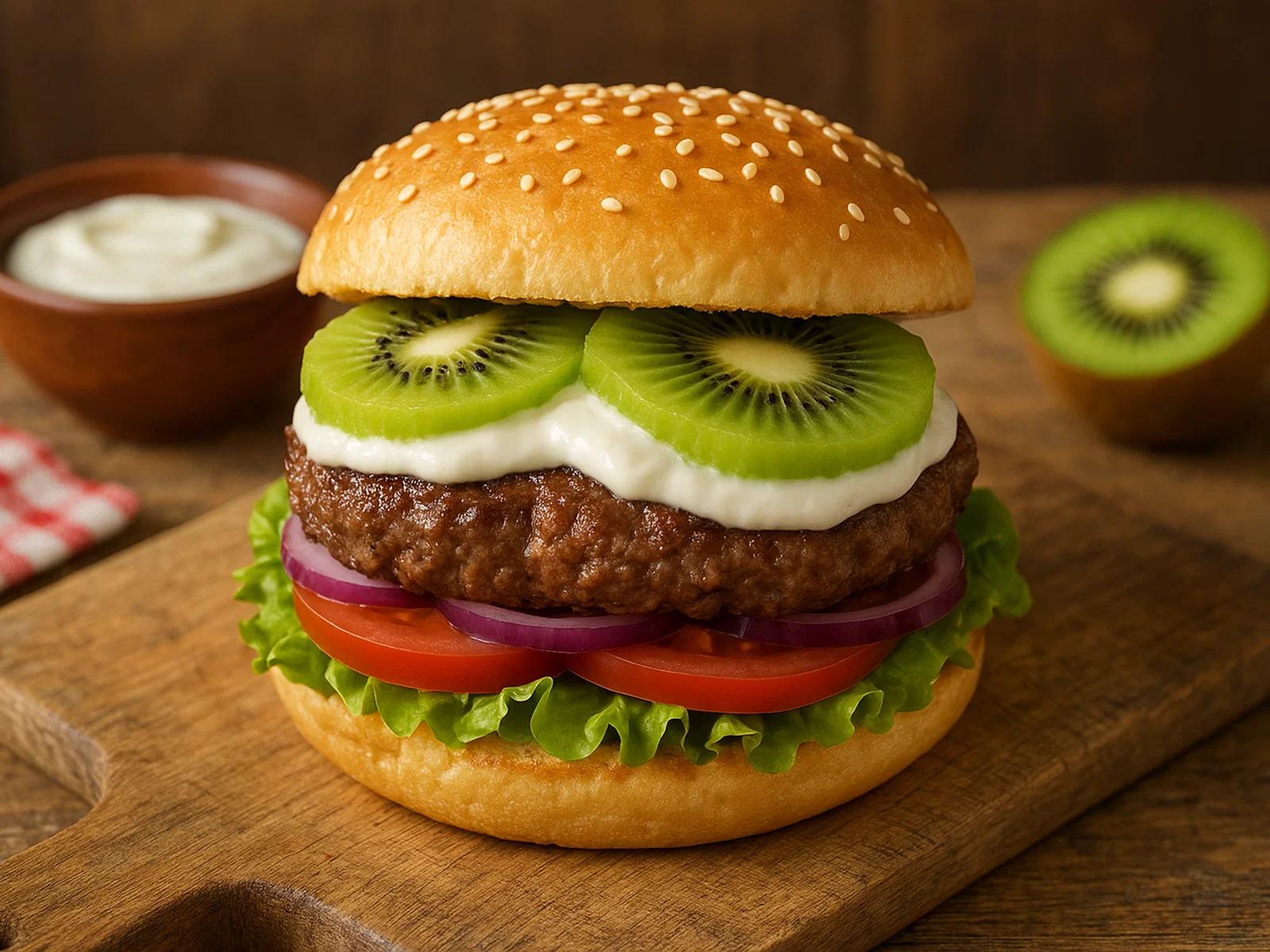 Kiwi-Burger mit saftigem Rindfleisch und frischem Gemüse