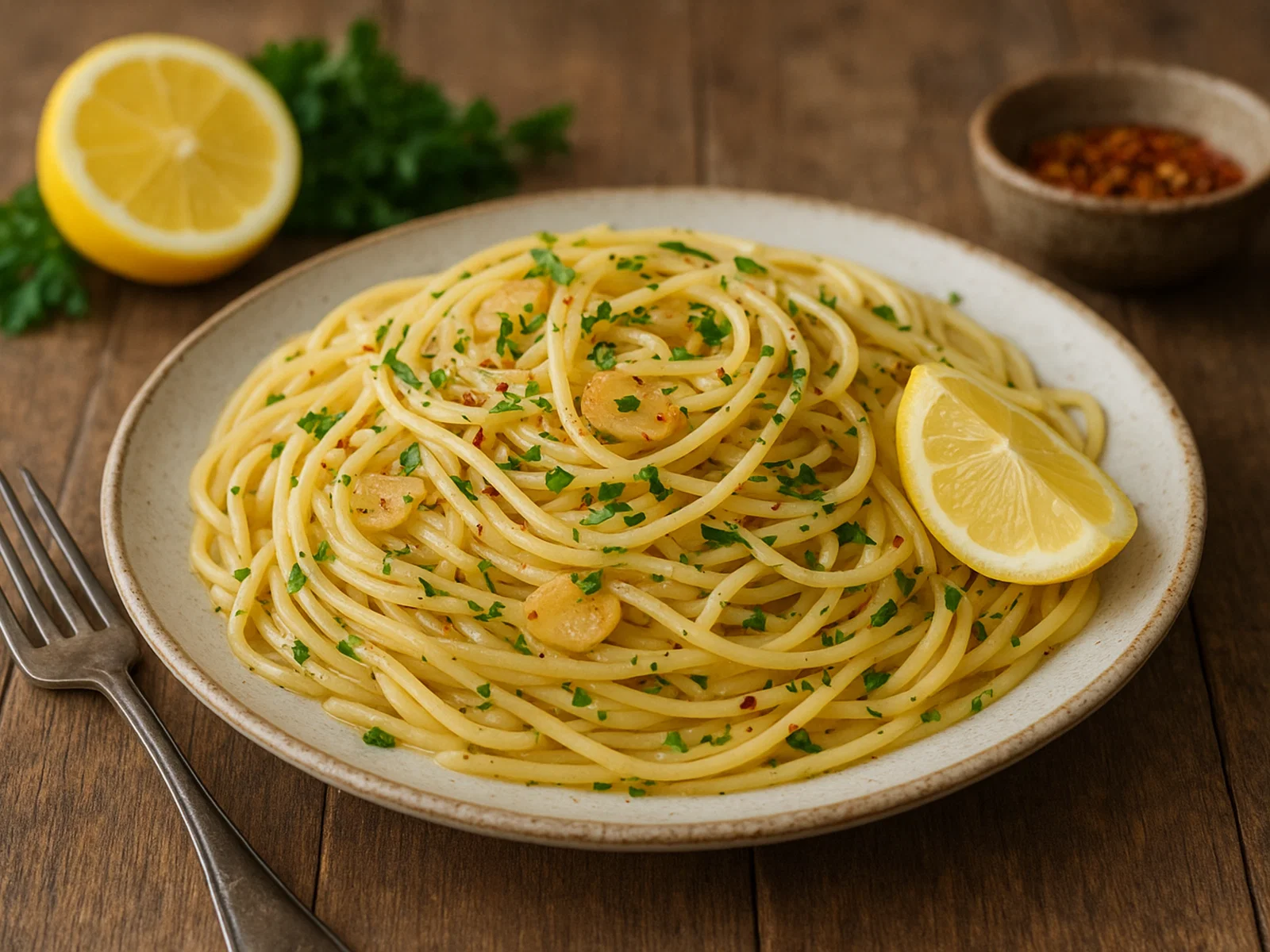 Klassische Pasta Aglio e Olio mit Zitrone und Petersilie