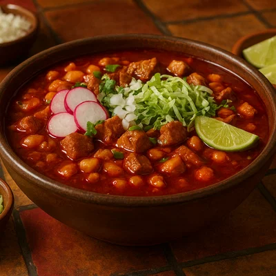 Mexikanisches Pozole Rojo mit Schweinefleisch