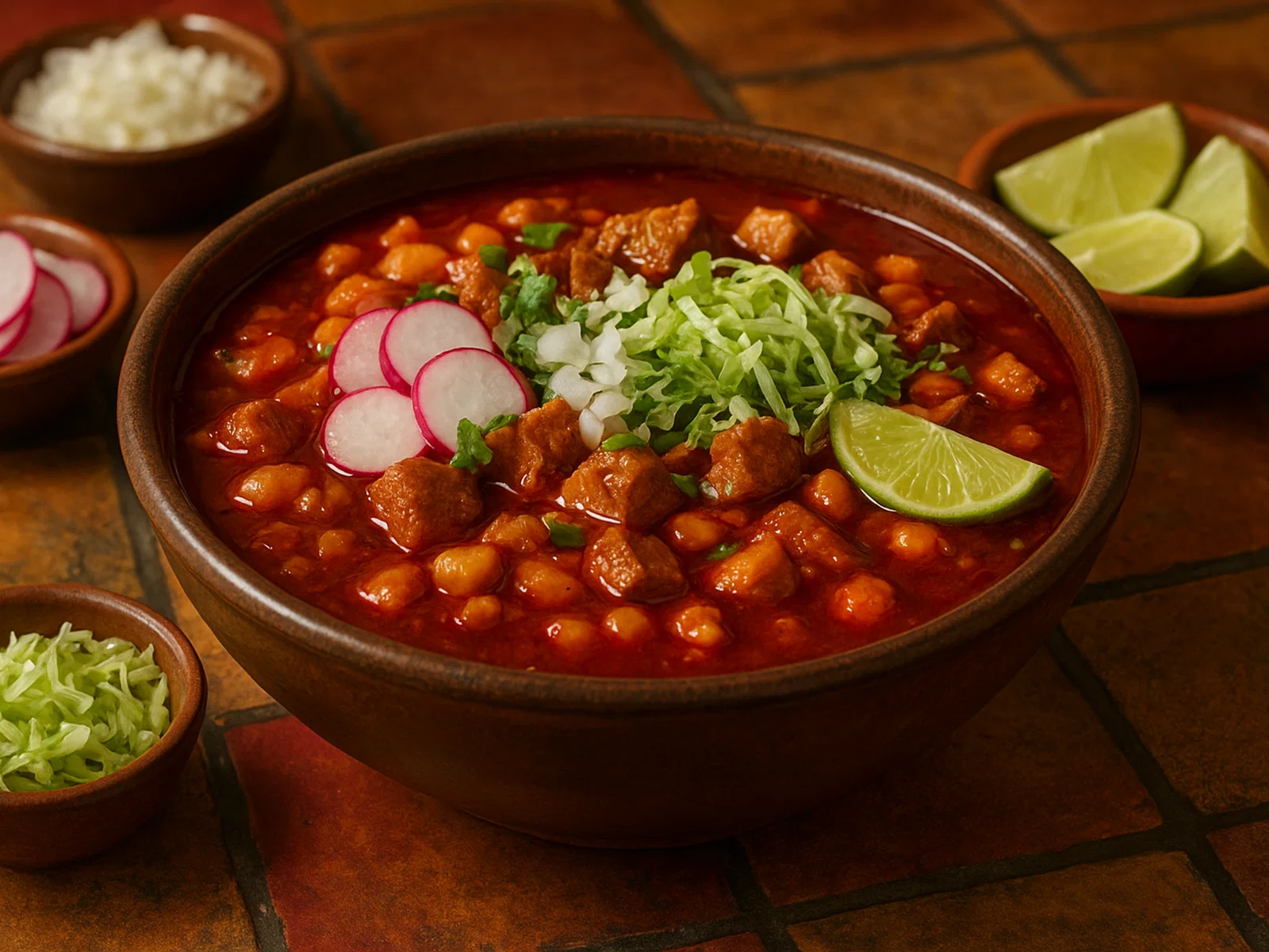 Mexikanisches Pozole Rojo mit Schweinefleisch