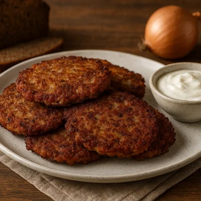 Rupjmaizes kartupeļu pankūkas (Kartoffel-Puffer mit lettischem Roggenbrot)