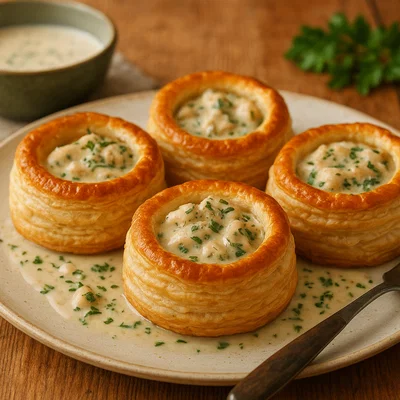Feine Fischpasteten mit Kräutern und cremiger Weißwein-Sauce