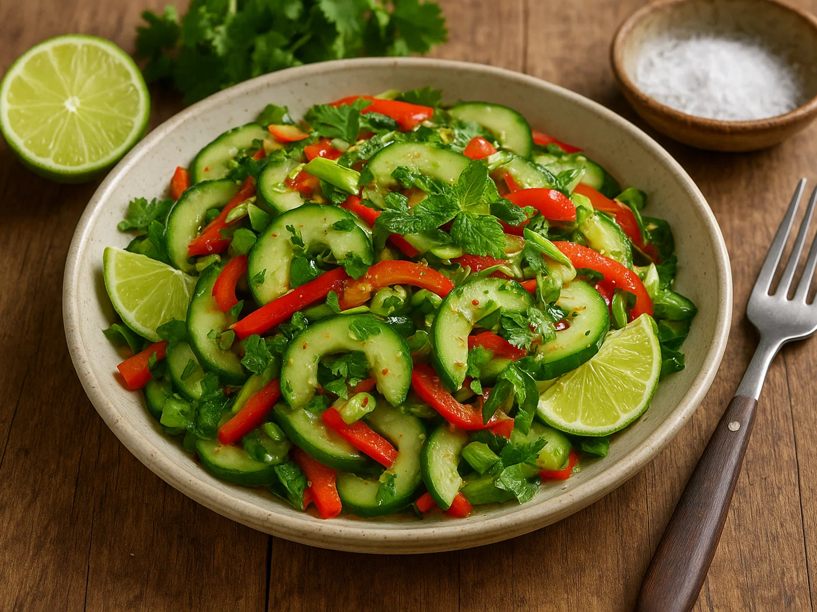 Limukohu-Salat mit Gurke, Paprika und Limette