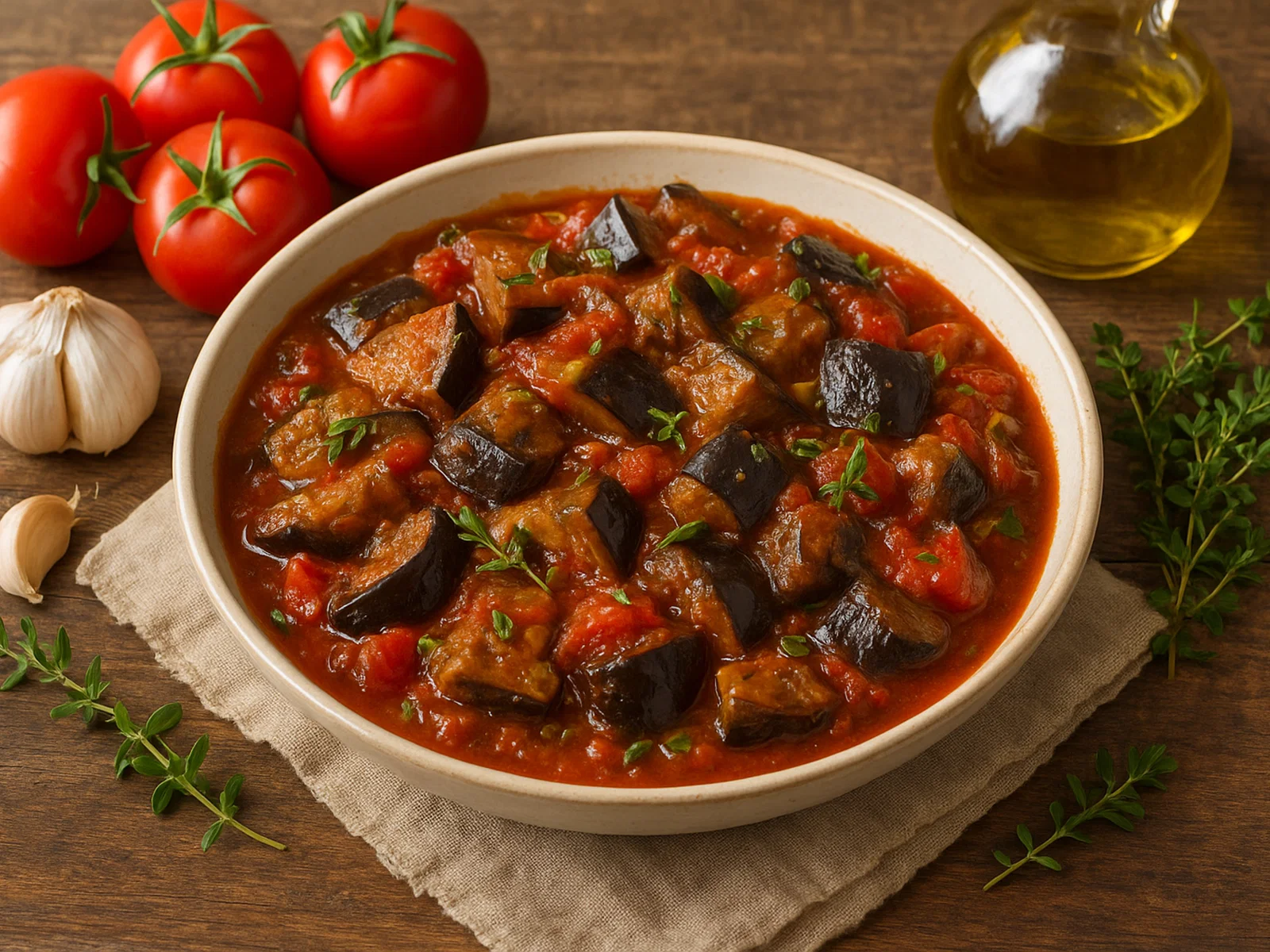 Auberginen-Schmorgericht mit Tomaten und Kräutern