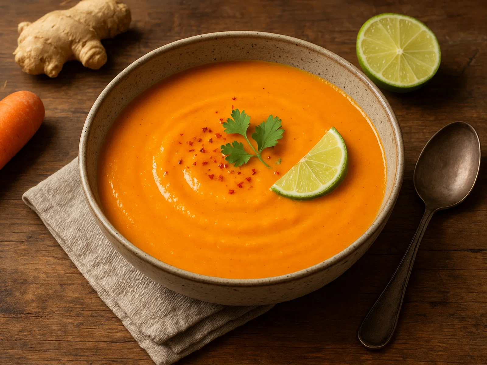 Karotten-Ingwer-Suppe mit Kokosmilch und Limette