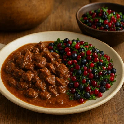 Rentierragout „Kalaallit Nunaat“ mit Beeren und Kräutern