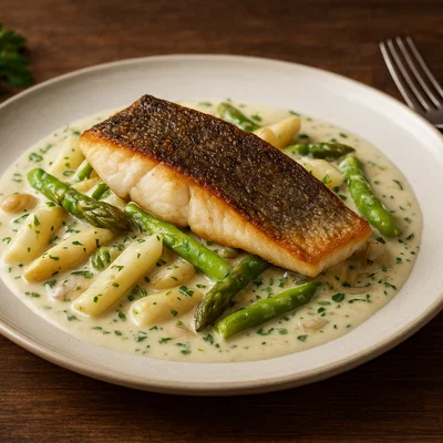 Zanderfilet auf cremigem Spargelragout