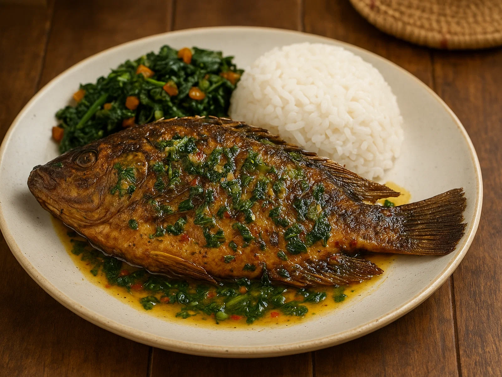 Gebratener Chambo (Malawi-Tilapia) mit Zitronen-Kräuter-Marinade