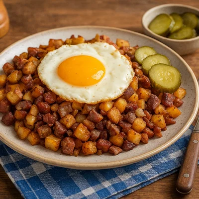 Klassisches schwedisches Pyttipanna mit Spiegelei