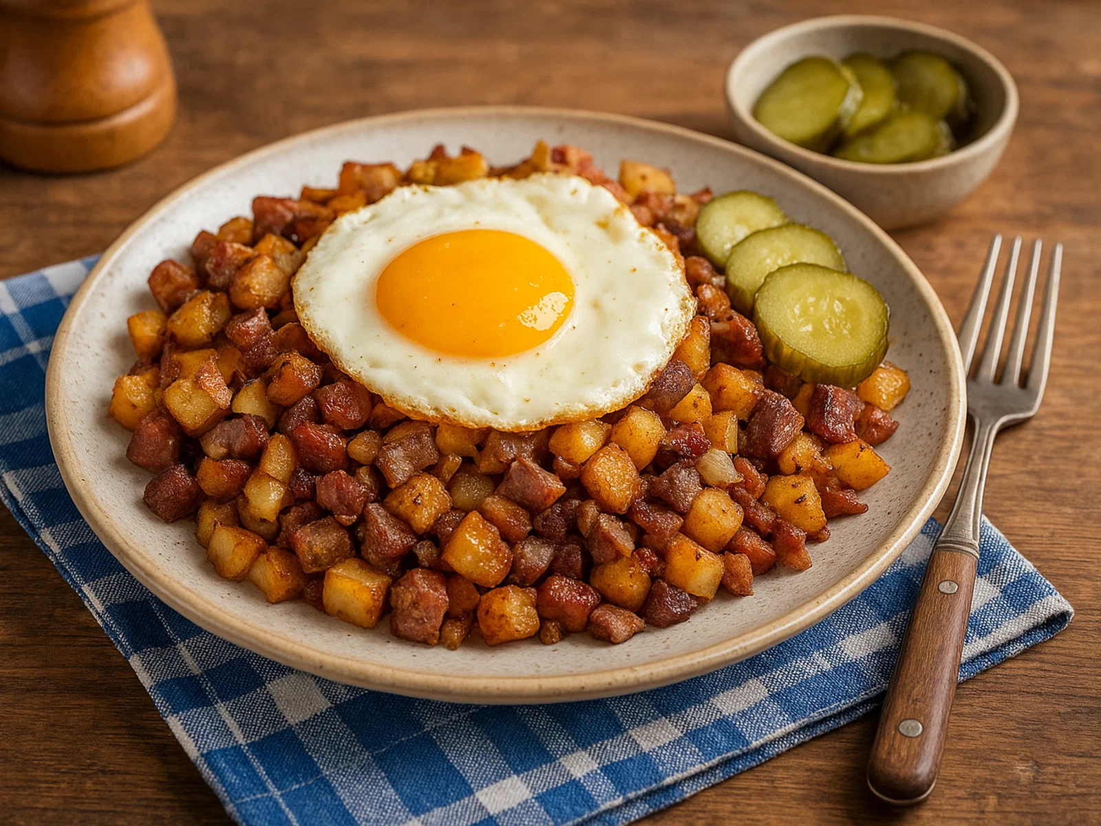 Klassisches schwedisches Pyttipanna mit Spiegelei