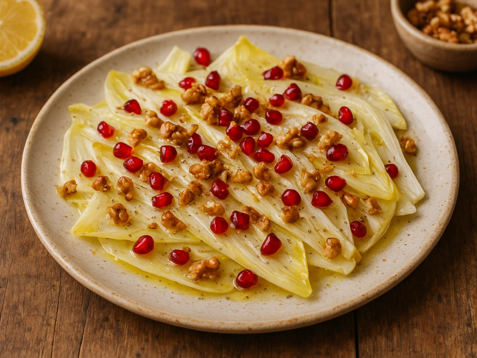 Chicorée-Carpaccio mit Granatapfelkernen und gerösteten Nüssen