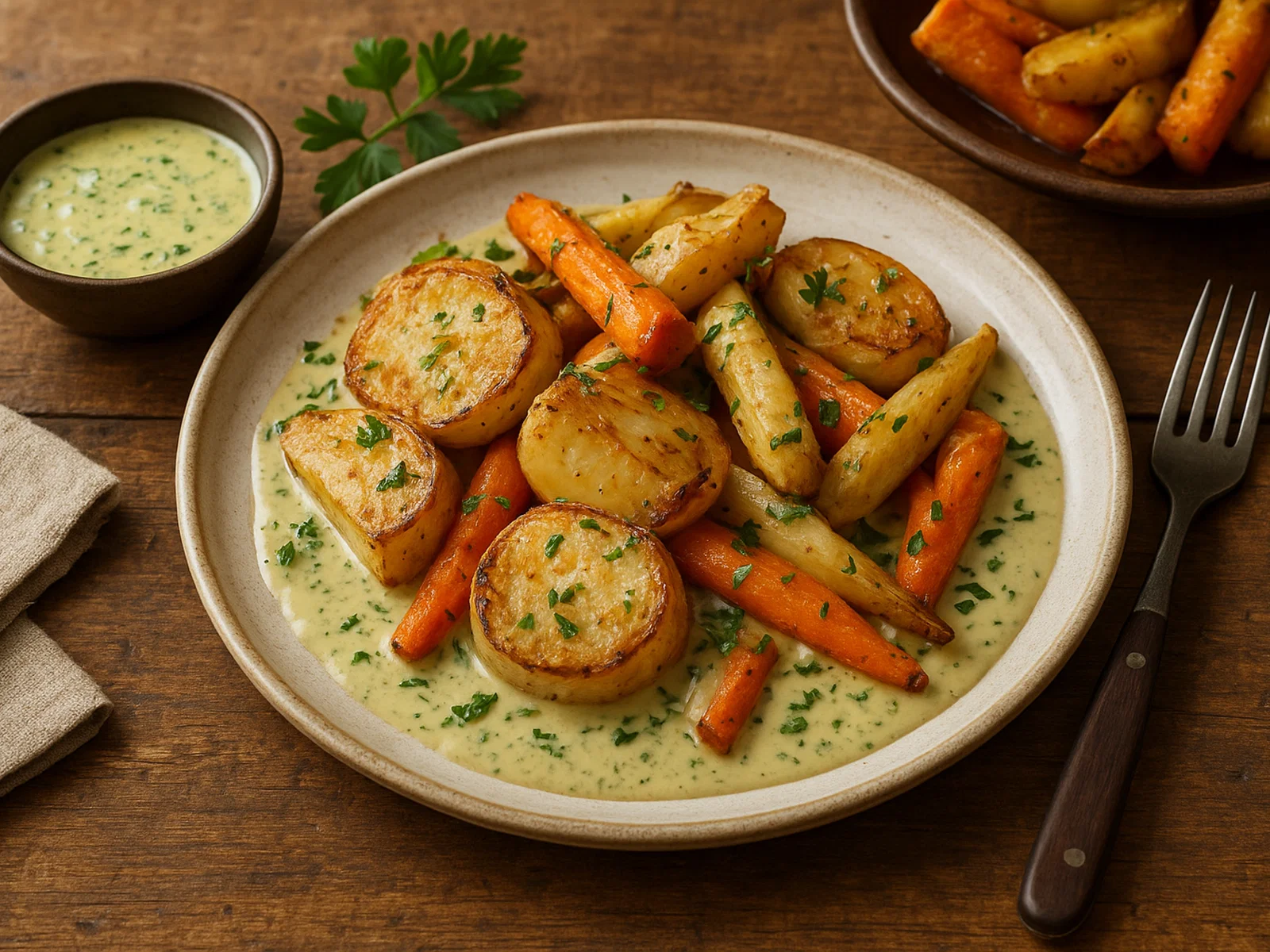 Roi de Navet – Geröstete Steckrüben mit Wurzelgemüse und samtiger Kräutersauce