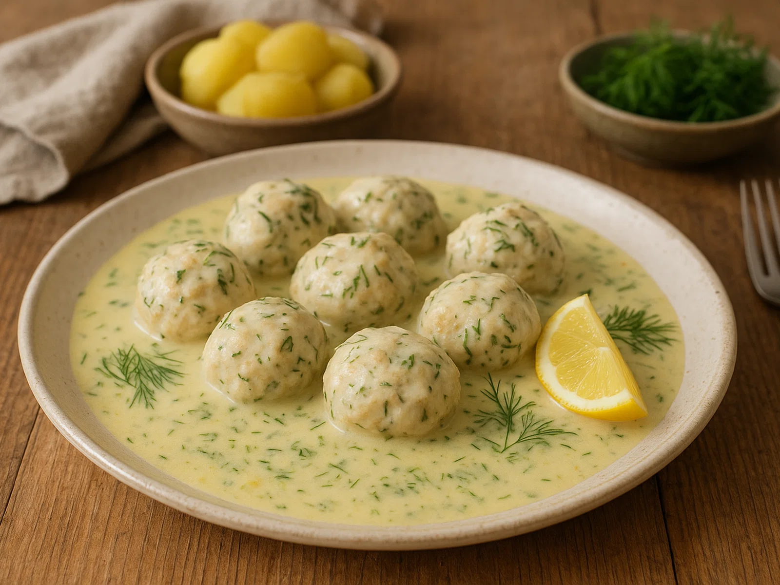 Schwedische Fiskbullar in cremiger Dill-Zitronen-Sauce