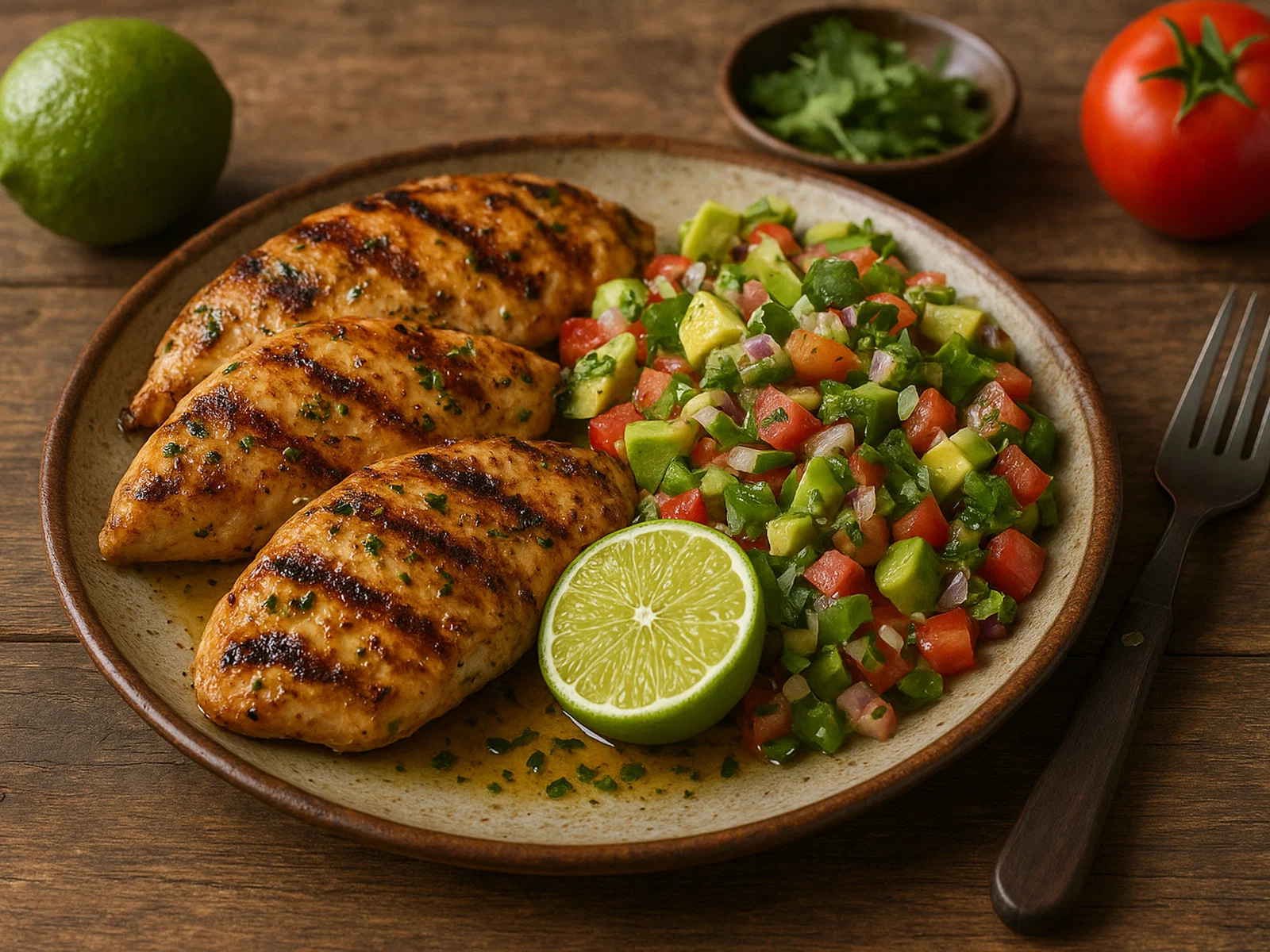 Roadrunner Chicken mit Limettenmarinade und frischer Avocado-Tomaten-Salsa